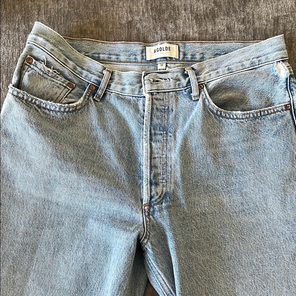 Agolde Lana mid-rise straight left denim—boyfriend style